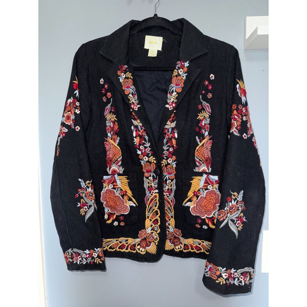Maeve · Anthropologie Ellen Black Floral Beaded & Embroidered Jacket | Size 4